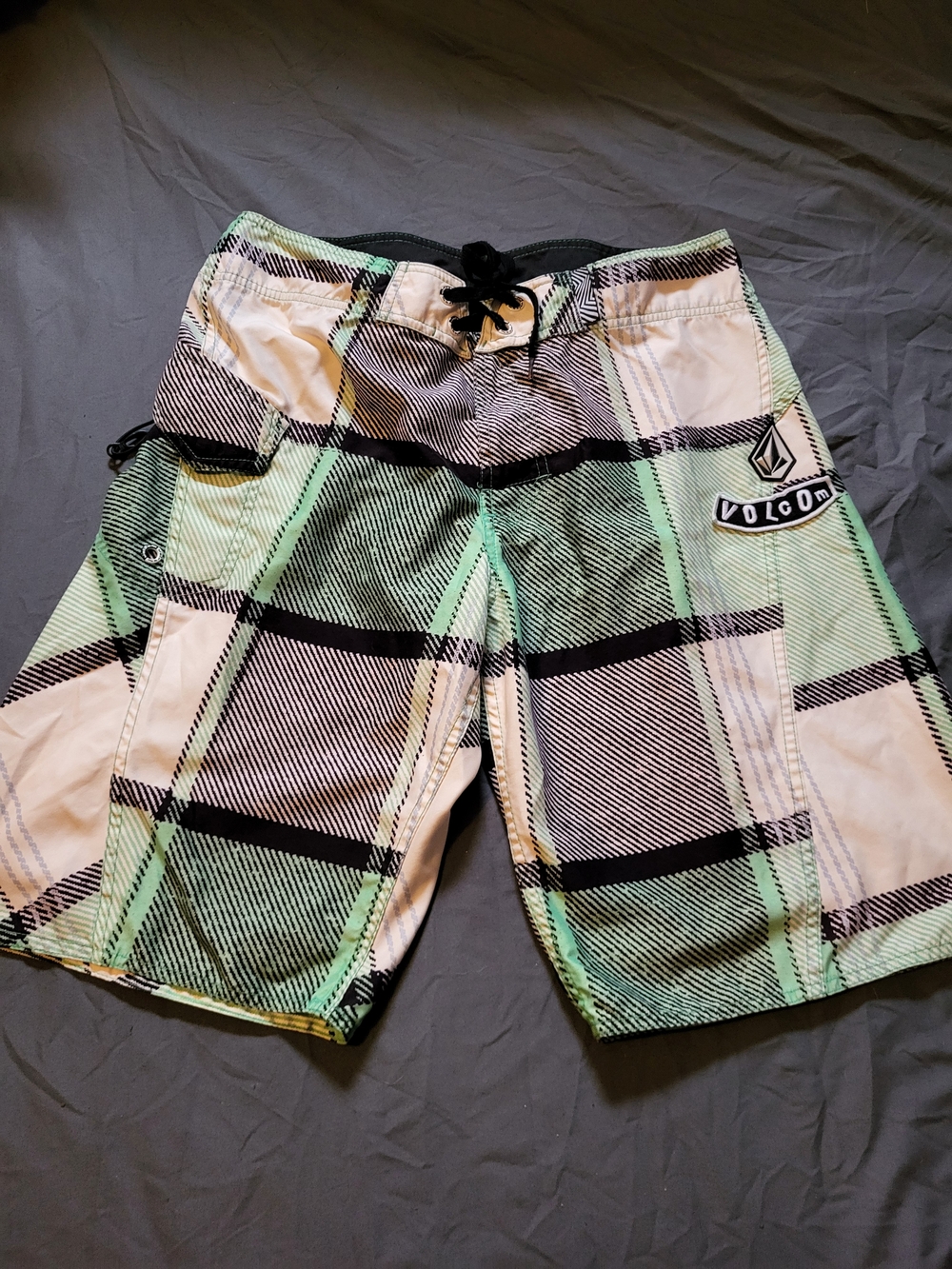 Volcom Mint Green, White & Black Plaid Swim Shorts